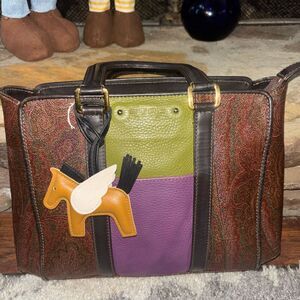 Etro Multicolor Leather & Paisley Tote with Horse Charm